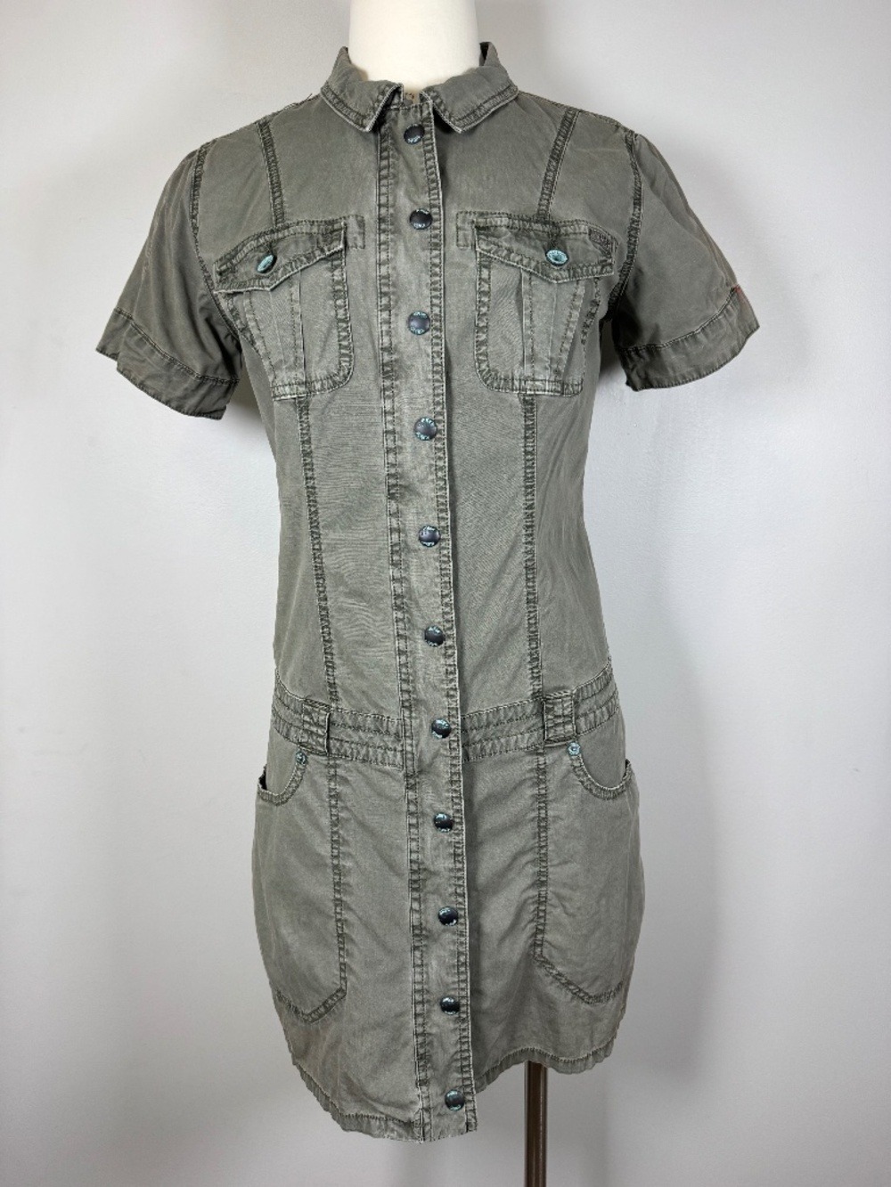 Guess Jeans Olive Green Short Sleeve Button Front Utility Dress size Medium Y2K